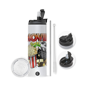 Movie night, Travel Tumbler 2 Lids, with metal straw & cleaning brush (Stainless steel 304 Food grade, BPA free, 600ml)