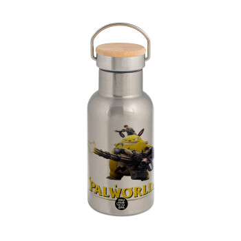 Palworld, Stainless steel metallic thermos flask, silver with a bamboo lid, double-walled, 350ml.