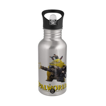 Palworld, Water bottle Silver with straw, stainless steel 500ml