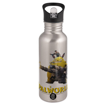 Palworld, Water bottle Silver with straw, stainless steel 600ml