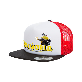 Palworld, Adult Foam Flat Snapback with Mesh Black-White-Red (POLYESTER, ADULT, UNISEX, ONE SIZE)