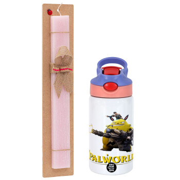 Palworld, Easter Set, Children's thermal stainless steel water bottle with safety straw, pink/purple (350ml) & Easter scented flat candle (30cm) (PINK)