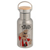 Stainless steel metallic thermos flask, silver with a bamboo lid, double-walled, 350ml.