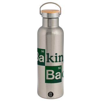 Baking Bad, Μεταλλικό παγούρι θερμός (Stainless steel) Ασημένιο με ξύλινο καπακι (bamboo), διπλού τοιχώματος, 750ml