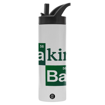 Baking Bad, Metallic thermos bottle with straw & handle, stainless steel (Stainless steel 304), double-walled, 600ml.