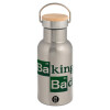 Stainless steel metallic thermos flask, silver with a bamboo lid, double-walled, 350ml.