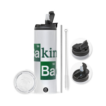 Baking Bad, Travel Tumbler θερμό με διπλό καπάκι, μεταλλικό καλαμάκι και βούρτσα καθαρισμού (Ανωξείδωτο 304 Food grade, BPA free, 600ml)