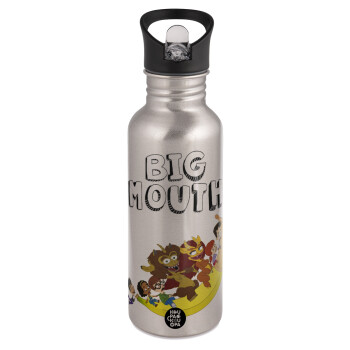 Big mouth, Water bottle Silver with straw, stainless steel 600ml