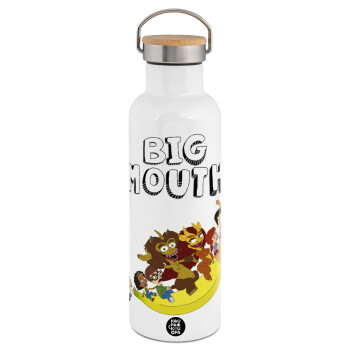 Big mouth, Stainless steel White with wooden lid (bamboo), double wall, 750ml