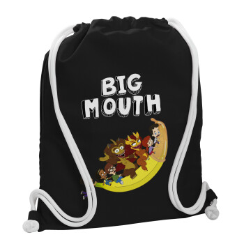 Big mouth, Τσάντα πλάτης πουγκί GYMBAG Μαύρη, με τσέπη (40x48cm) & χονδρά λευκά κορδόνια