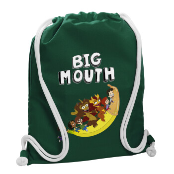 Big mouth, Τσάντα πλάτης πουγκί GYMBAG BOTTLE GREEN, με τσέπη (40x48cm) & χονδρά λευκά κορδόνια