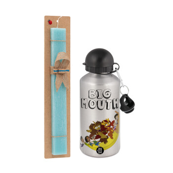 Big mouth, Easter Set, metallic silver aluminum water bottle (500ml) & scented flat Easter candle (30cm) (TURQUOISE)