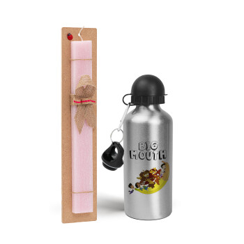 Big mouth, Easter Set, metallic Silver aluminum water bottle (500ml) & scented flat Easter candle (30cm) (PINK)