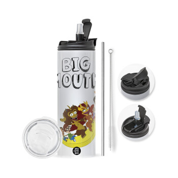 Big mouth, Travel Tumbler 2 Lids, with metal straw & cleaning brush (Stainless steel 304 Food grade, BPA free, 600ml)