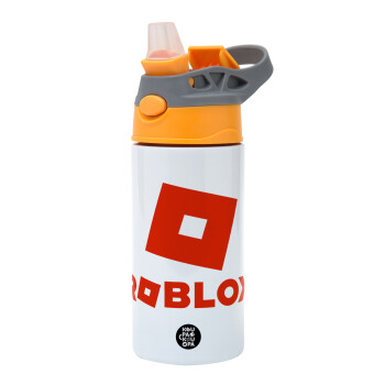 Roblox red, Children's hot water bottle, stainless steel, with safety straw, Orange/Grey (360ml) BPA-FREE