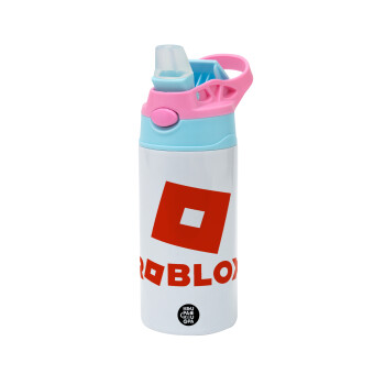 Roblox red, Children's hot water bottle, stainless steel, with safety straw, Pink/BlueCiel (360ml) BPA FREE