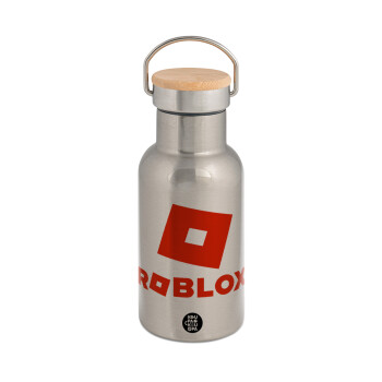 Roblox red, Stainless steel metallic thermos flask, silver with a bamboo lid, double-walled, 350ml.