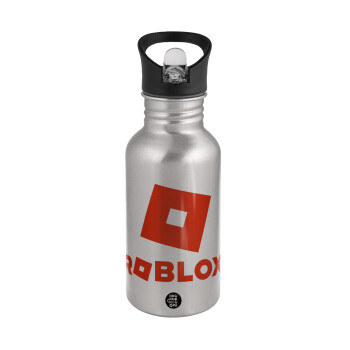 Roblox red, Water bottle Silver with straw, stainless steel 500ml
