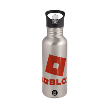 Roblox red, Water bottle Silver with straw, stainless steel 600ml