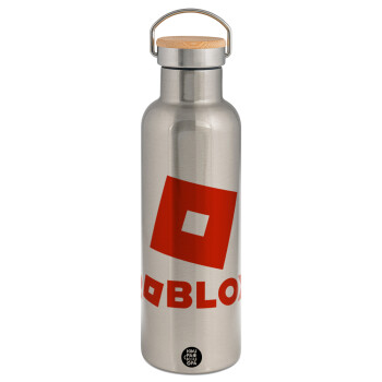 Roblox red, Μεταλλικό παγούρι θερμός (Stainless steel) Ασημένιο με ξύλινο καπακι (bamboo), διπλού τοιχώματος, 750ml