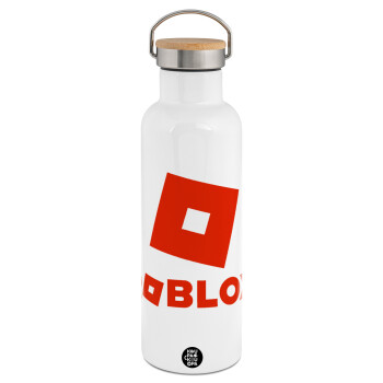 Roblox red, Stainless steel White with wooden lid (bamboo), double wall, 750ml