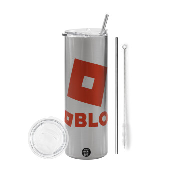 Roblox red, Eco friendly ποτήρι θερμό Ασημένιο (tumbler) από ανοξείδωτο ατσάλι 600ml, με μεταλλικό καλαμάκι & βούρτσα καθαρισμού