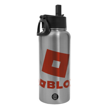 Roblox red, Μεταλλικό παγούρι θερμός Silver με καλαμάκι και χερούλι (Stainless steel), διπλού τοιχώματος, 950ml