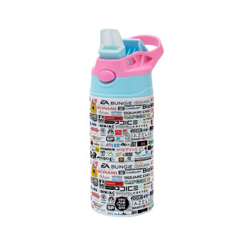 Video Game Studio Logos, Children's hot water bottle, stainless steel, with safety straw, Pink/BlueCiel (360ml) BPA FREE