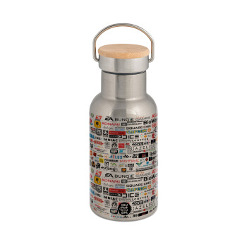 Video Game Studio Logos, Stainless steel metallic thermos flask, silver with a bamboo lid, double-walled, 350ml.