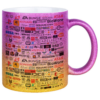 Video Game Studio Logos, Κούπα Χρυσή/Ροζ Glitter, κεραμική, 330ml