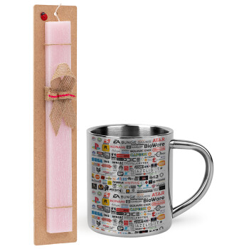 Video Game Studio Logos, Easter Set, metallic thermal cup (300ml) & aromatic flat Easter candle (30cm) (PINK)