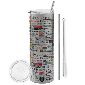 Video Game Studio Logos, Tumbler stainless steel Silver 600ml, with metal straw & cleaning brush