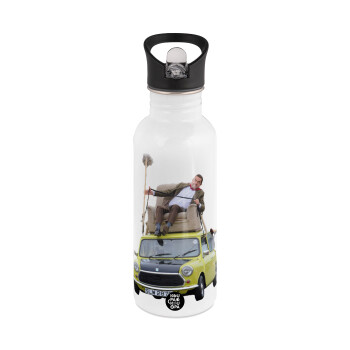 Mr. Bean mini 1000, White water bottle with straw, stainless steel 600ml