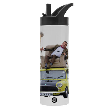 Mr. Bean mini 1000, Metallic thermos bottle with straw & handle, stainless steel (Stainless steel 304), double-walled, 600ml.