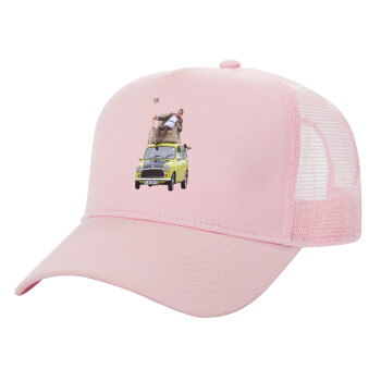 Mr. Bean mini 1000, Adult Structured Trucker Hat, with Mesh, PINK (100% COTTON, ADULT, UNISEX, ONE SIZE)