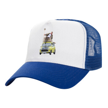 Mr. Bean mini 1000, Adult Structured Trucker Hat, with Mesh, WHITE/BLUE (100% COTTON, ADULT, UNISEX, ONE SIZE)