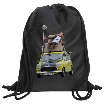 Mr. Bean mini 1000, Τσάντα πλάτης πουγκί GYMBAG Μαύρη, με τσέπη (40x48cm) & χονδρά κορδόνια