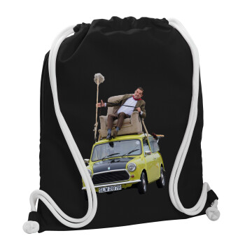 Mr. Bean mini 1000, Τσάντα πλάτης πουγκί GYMBAG Μαύρη, με τσέπη (40x48cm) & χονδρά λευκά κορδόνια