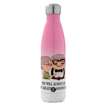 UP, YOU WILL ALWAYS BE MY GREATEST ADVENTURE, Metal mug thermos Pink/White (Stainless steel), double wall, 500ml