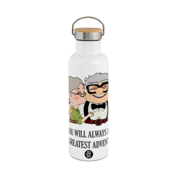 UP, YOU WILL ALWAYS BE MY GREATEST ADVENTURE, Stainless steel White with wooden lid (bamboo), double wall, 750ml
