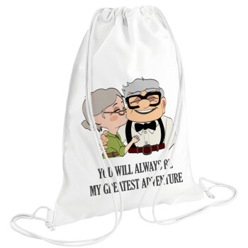 UP, YOU WILL ALWAYS BE MY GREATEST ADVENTURE, Backpack pouch GYMBAG white (28x40cm)