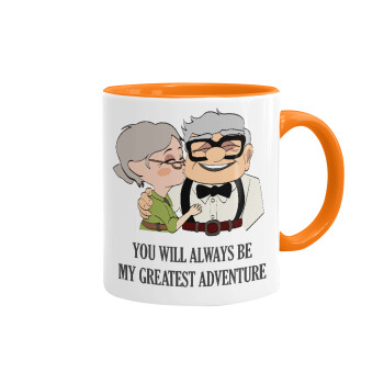 UP, YOU WILL ALWAYS BE MY GREATEST ADVENTURE, Mug colored orange, ceramic, 330ml