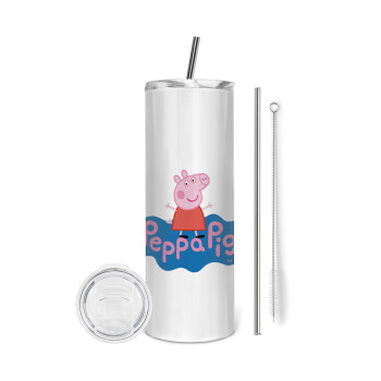 Πέππα το γουρουνάκι μπλε με όνομα, Tumbler stainless steel 600ml, with metal straw & cleaning brush