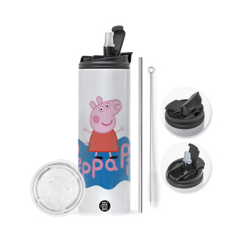 Πέππα το γουρουνάκι μπλε με όνομα, Travel Tumbler 2 Lids, with metal straw & cleaning brush (Stainless steel 304 Food grade, BPA free, 600ml)