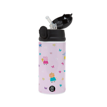 Πέππα το γουρουνάκι και οι φίλοι της, Children's hot water bottle, stainless steel, with safety straw, Black (360ml) BPA-FREE