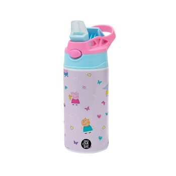 Πέππα το γουρουνάκι και οι φίλοι της, Children's hot water bottle, stainless steel, with safety straw, Pink/BlueCiel (360ml) BPA FREE