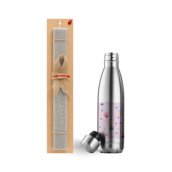 Πέππα το γουρουνάκι και οι φίλοι της, Easter Set, metallic stainless thermos flask (500ml) & scented flat Easter candle (30cm) (GRAY)