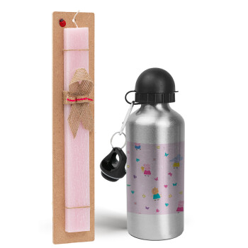 Πέππα το γουρουνάκι και οι φίλοι της, Easter Set, metallic Silver aluminum water bottle (500ml) & scented flat Easter candle (30cm) (PINK)