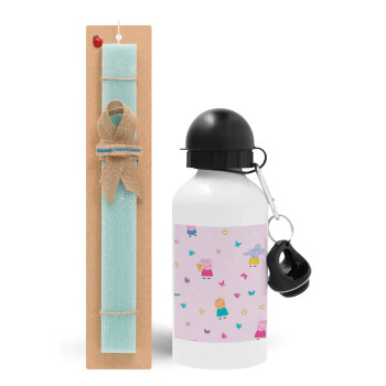 Πέππα το γουρουνάκι και οι φίλοι της, Easter Set, metallic aluminum water bottle (500ml) & scented flat candle (30cm) (TURQUOISE)