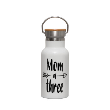 Mom of three, Metallic thermos (Stainless steel) White with wooden lid (bamboo), double-walled, 350ml